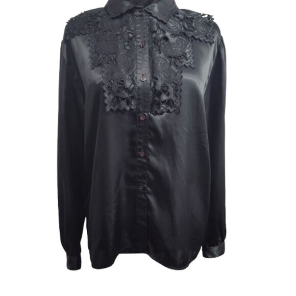 Vintage Barbara Karen Eyelet Embroidered Lace Black Blouse Size 8 - Picture 2 of 8